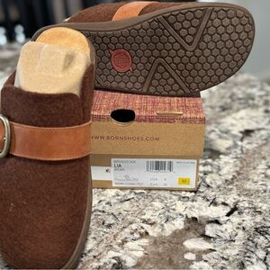 Born Brown Felt Slip-On Clogs with Cognac Leather Strap